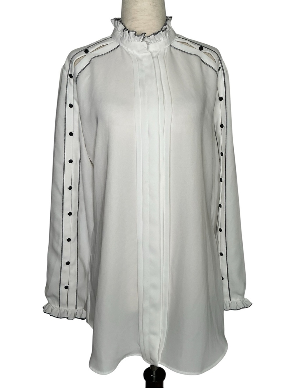Anne Fontaine White Blouse with Black Trim Ruffle Buttoned Down Size 40